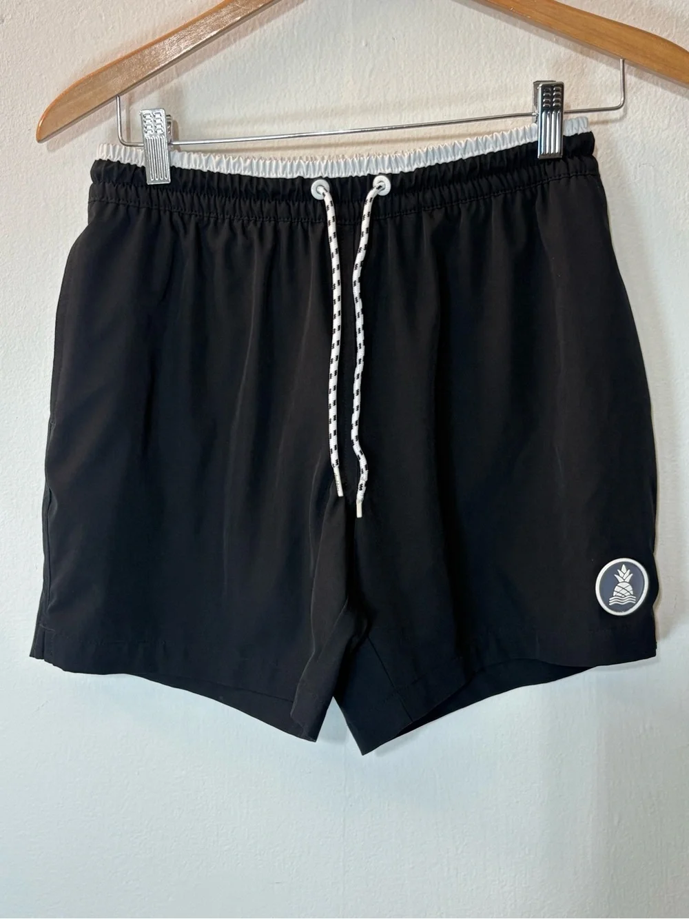 chubbies Black Swim Trunks with Blue and White Striped Liner